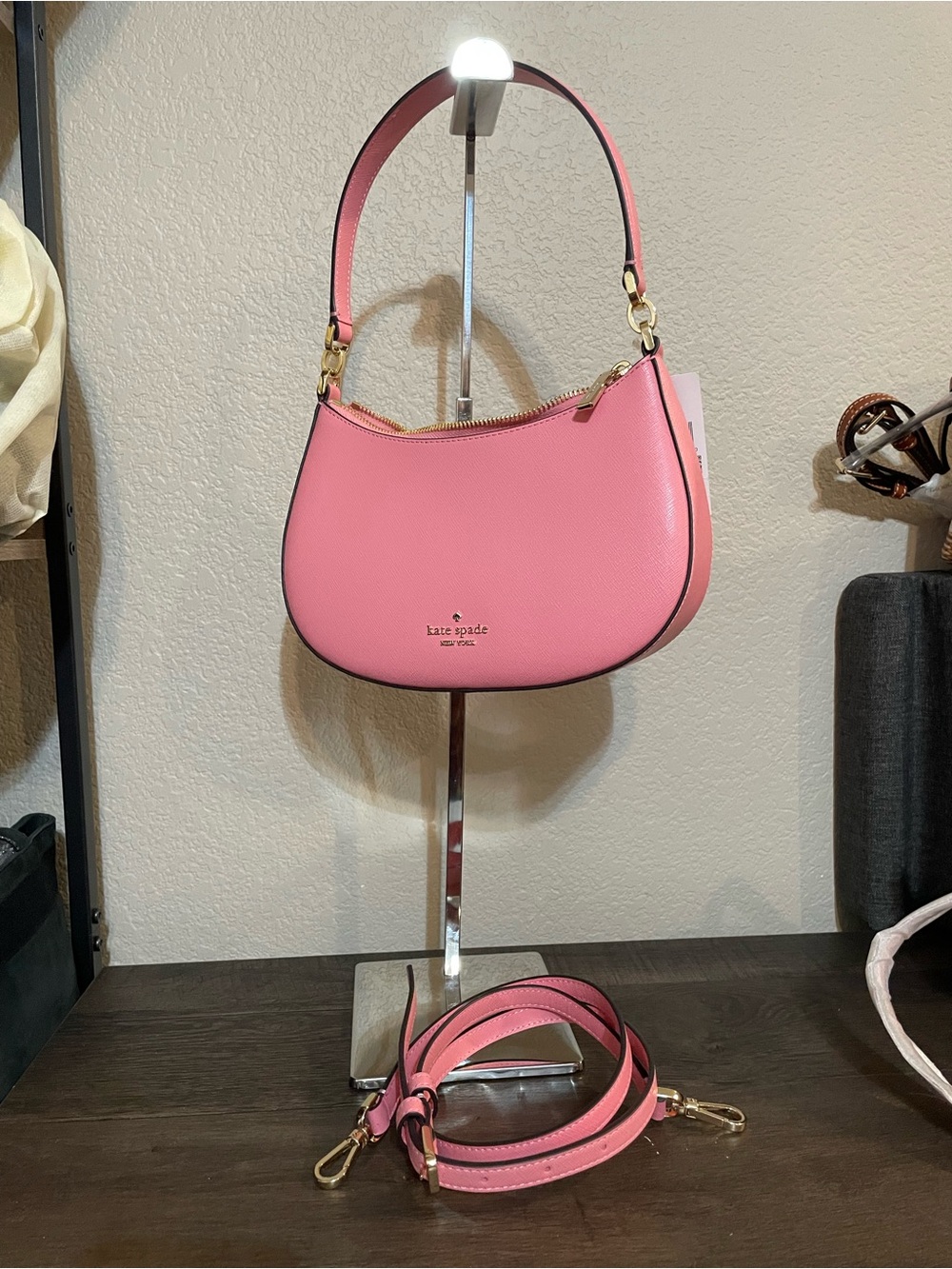 kate spade Pink Leather Crescent Shoulder Bag with Detachable Strap